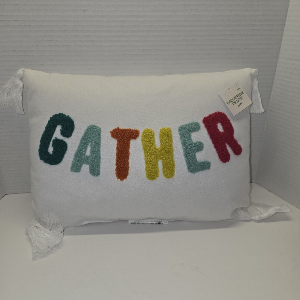 GATHER White & Textured Script 10" x 14" Thanksgiving Fall Small Accent Pillow